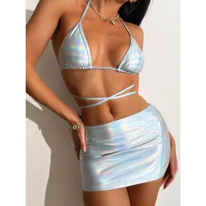 Rave Outfits for Women - Sexy Metallic Holographic 3 Piece Set Bikini Swimsuit panty
