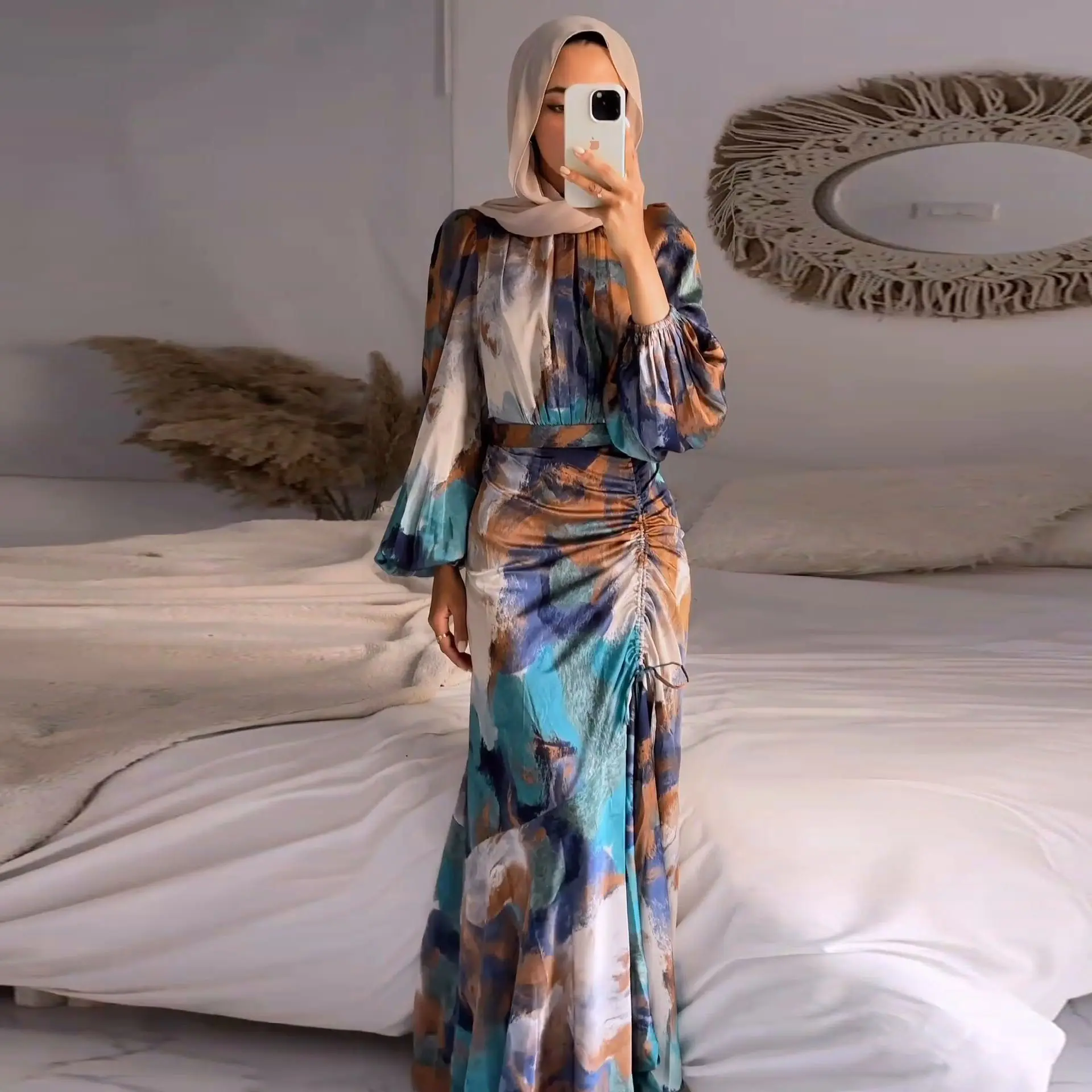 Stunning Evening Dress spring new fashion temperament graffiti bubble sleeve long Casual Womenswear Elegant Chic Modest Classy, Picnic Ready, Wardrobe Essential, Fresh Look, Weekend Wear, Relaxed Fit, EveningWear