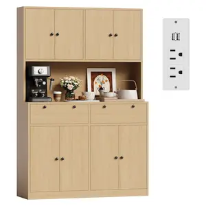 Modern Tall Kitchen Pantry Cabinet with Charging Station – 71" Height, 47" Wide Storage Hutch, Countertop, 2 Drawers, Shelves, Power Outlet – Versatile Food Pantry Furniture for Dining or Living Room