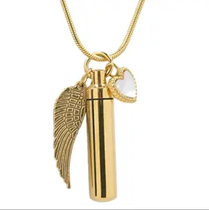 Gold-tone Cylinder Cremation Pendant with Angel Wing and Heart Charm