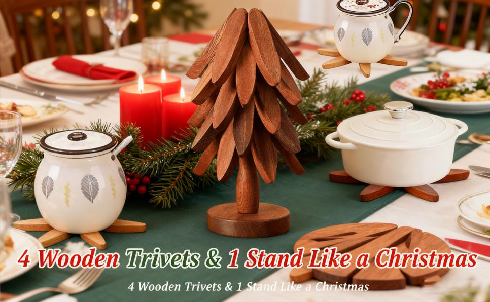 4Pcs Walnut Wood Tree Trivets with Stand Foldable Christmas Tree Design Heat Resistant Hot Pot Holders for Kitchen Dining Table Countertop Protection