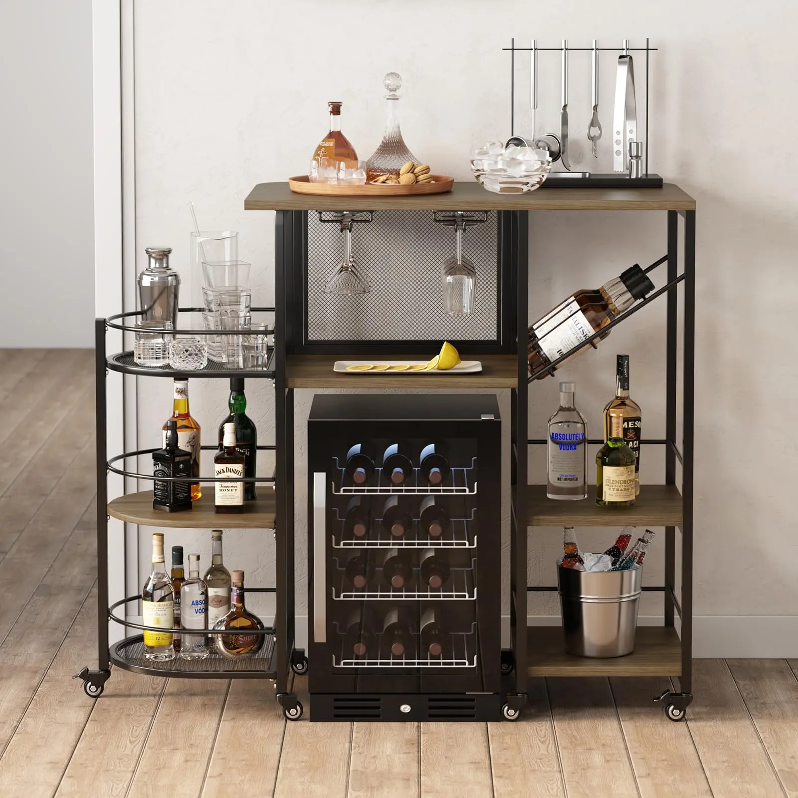 Bar Cart, Home Bar Service Cart with Wine Rack and Glass Holder, Kitchen Cart with Rolling Wheels, Metal Bar Rack with 7 Tiers Storage for Home, Kitchen, Living Room, Dining Room