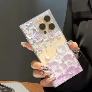 1 piece Fashion square design cute colorful ins style oil painting floral print anti-drop shockproof full cover mobile phone case for girls suitable for iPhone 16pro Max/16pro/16plus/16/15/14/13/12 cute fashion Halloween Valentine's Day Christmas gift
