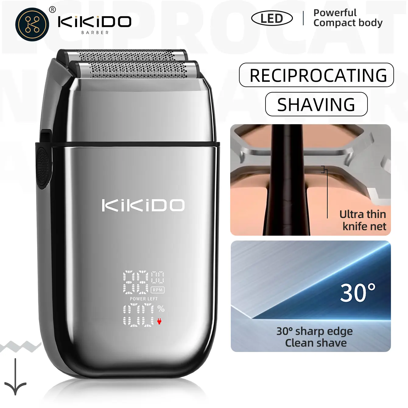 KiKiDO Men's Cordless Electric Foil Shaver - Barber Use, Reciprocating Close Shave, Ultra-Thin Net, 30° Sharp Edge, LED Display, Compact, USB Plug Compatible
