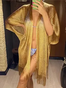 2025 Swimsuit Cover-ups  Fashion Tassel Gold Bikini Beach Cover Up Sexy Beach Dress Tunics for Women Summer Wear See Through Swimwear Coverups