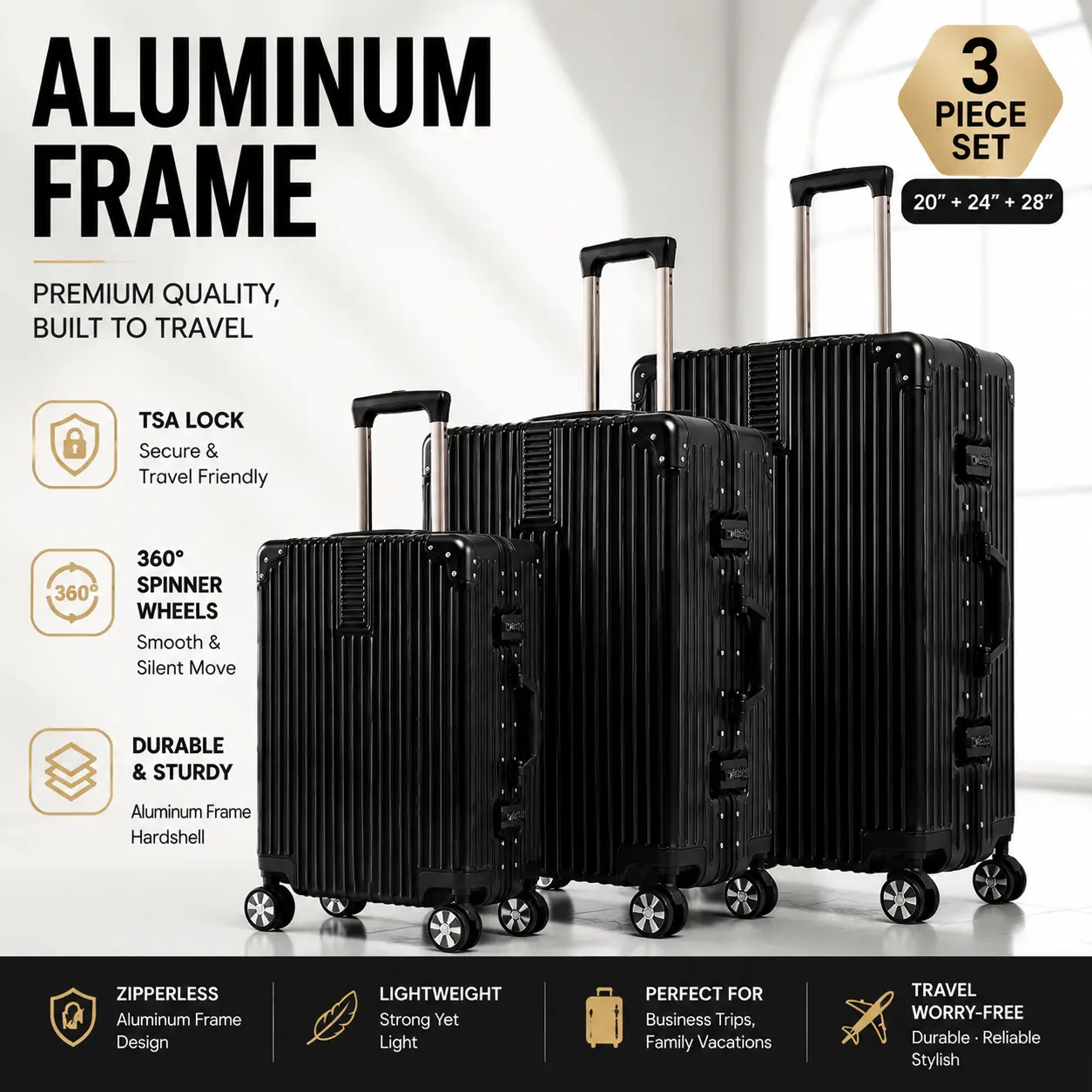 3 Piece Zipperless Aluminum Frame Luggage Set, Hardshell Suitcases with TSA Lock & 360 Spinner Wheels, 20/24/28 Inch Travel Luggage - Gold international