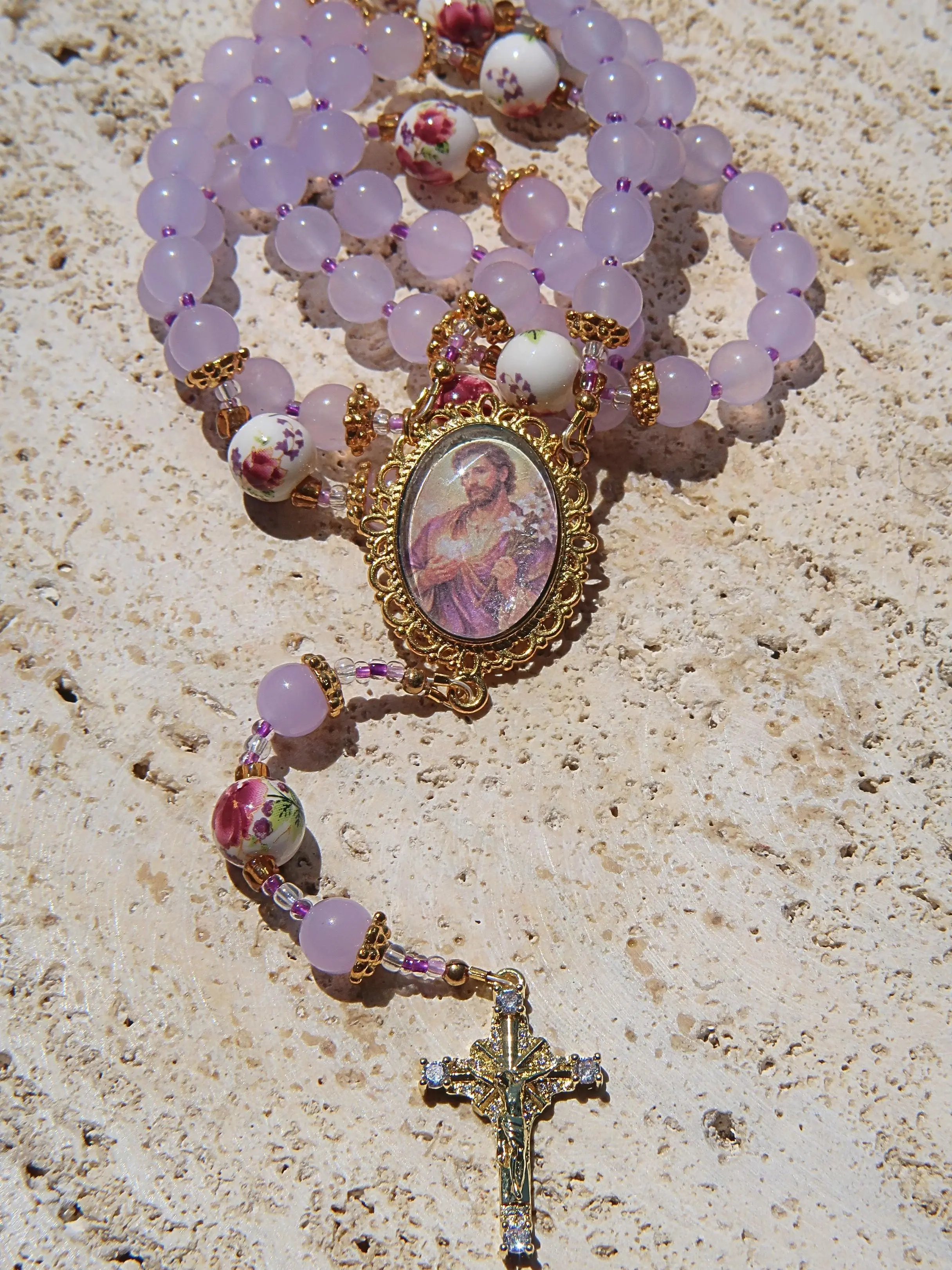 Handmade Pink Saint Joseph Chaplet with Rose Quartz & Floral Porcelain Beads, Catholic Prayer Beads, Holy Family Gift, Devotional Rosary