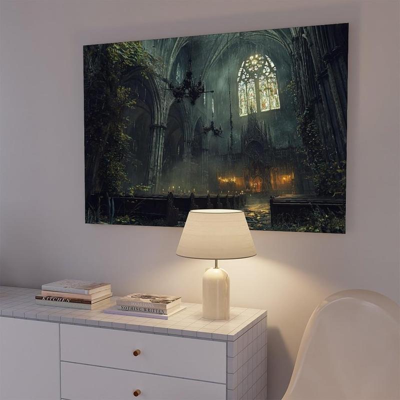 Abandoned Gothic Cathedral Wall Art – Dark Haunted Church Print – Black And White Vintage Horror Decor Canvas Wall Art Print Poster For Home School Office Decor