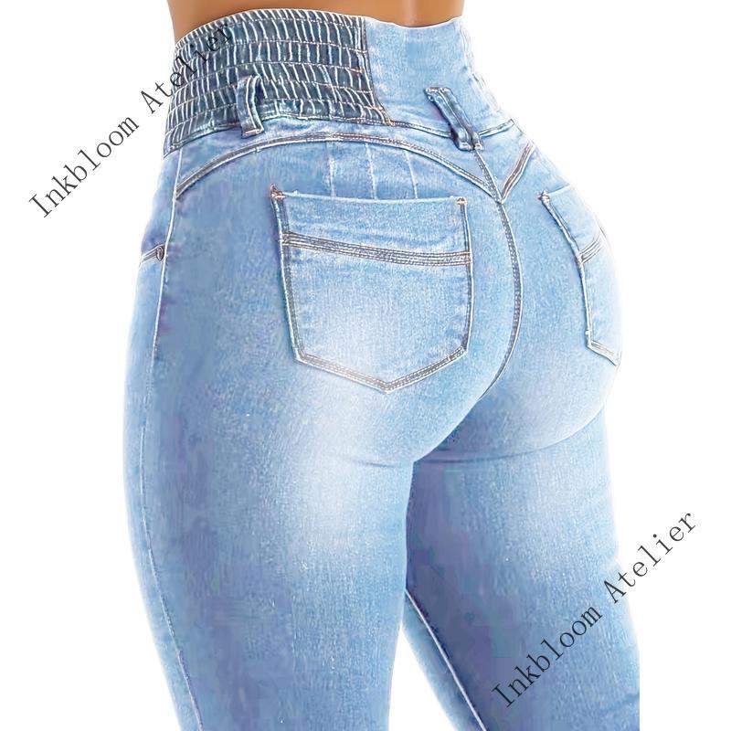 InkbloomAtelierWomen'SHighWaistSkinnyJeans,PolyesterRayonSpandexBlend,HighStretch,SolidColor,ButtonDetails,All-Season,StreetStyle