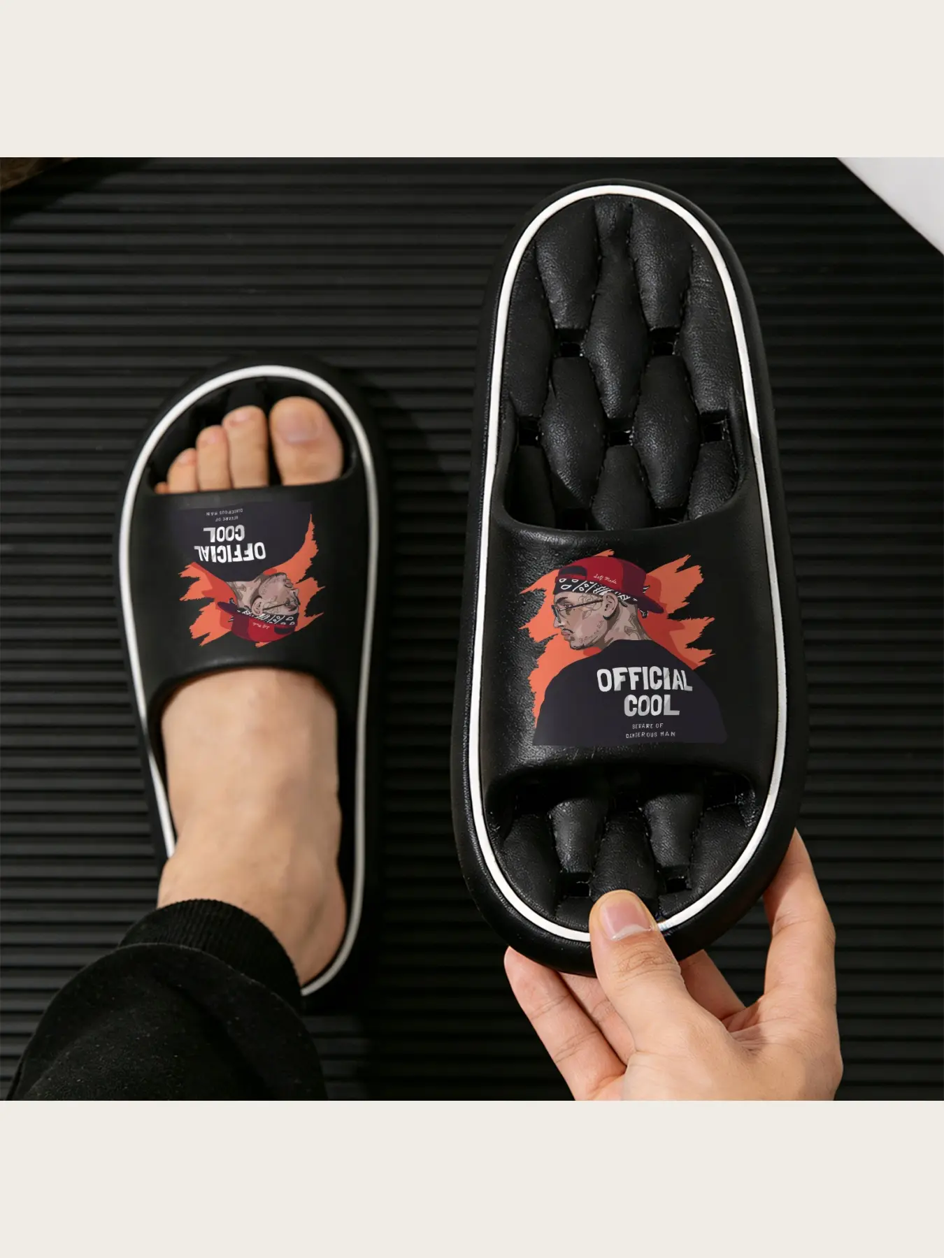 Men's Fashion Slippers with Official Cool Graphic Print Casual Comfortable Non-Slip Indoor Outdoor Footwear for Daily Wear Red Cap Bandana Design Trendy Streetwear Inspired Slides Lightweight Breathable