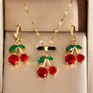 3-Piece Cute Necklace Earrings Set, Elegant Cherry Design, Luxury Fashion Jewelry Accessories, Matching Jewelry Set, Perfect for Gifts and Parties