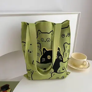 Cute Cat Pattern Crochet Bag, Fashion Knitted Tote Bag, Kawaii Woven Shoulder Bag For Women