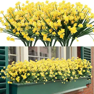 Artificial Daisies Flowers Outdoor UV Resistant 4 Bundles Fake Foliage Greenery Faux Plants Shrubs Plastic Bushes for Window Box Hanging Planter Farmhouse Indoor Outside Decor(Yellow)