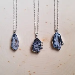 Natural Black Obsidian Geode Crystal Necklace