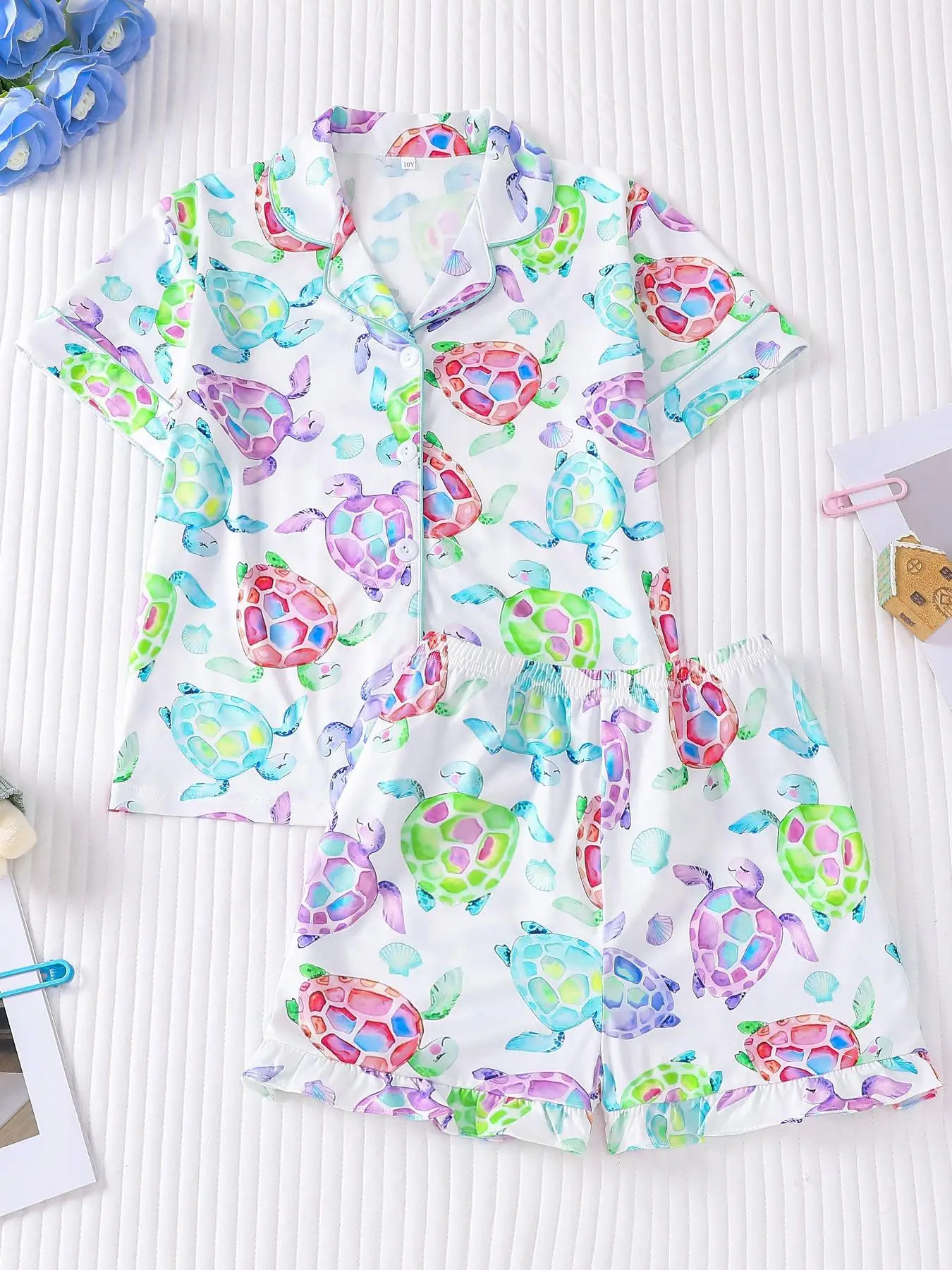 Girl's Cartoon Print Short Sleeve Top & Shorts Two-piece Set, Casual Comfy Top & Shorts Pj Set, Kids Sleepwear for All Seasons, Cartoon Print Pajama