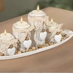 GoMaihe Wooden Candle Holders with Tray : 4-Pcs Tealight Candlestick Set for Dining Table Centrepiece, Ornaments for Living Room Bathroom, House Warming Gifts, Leaf