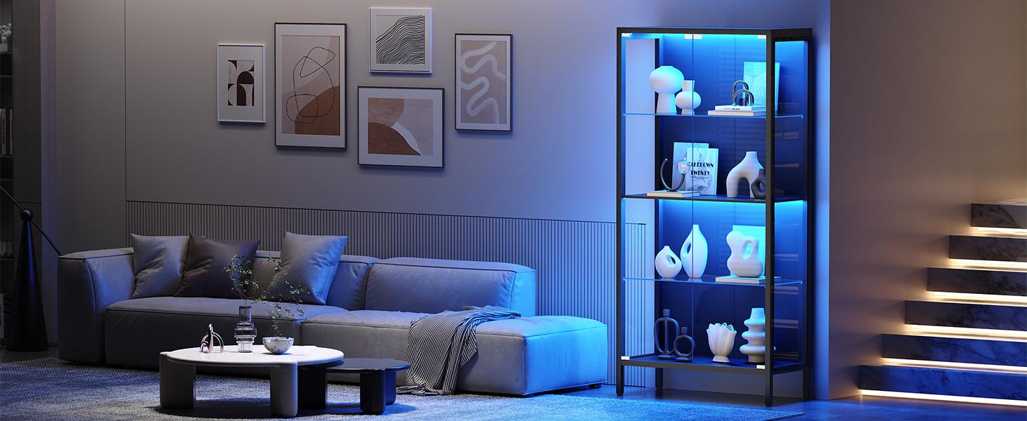 BROTTAR Metal Display Cabinet with Glass Doors, 4-Tier Curio Cabinet with 3 Color Lights for Collectibles, Glass Display Case with Human Body Sensor, Storage Cabinets with Adjustable Glass Shelves, Black BROTTAR Metal Display Cabinet with Glass Doors, 4-Tier Curio Cabinet with 3 Color Lights for Collectibles, Glass Display Case with Human Body Sensor, Storage Cabinets with Adjustable Glass Shelves, Black