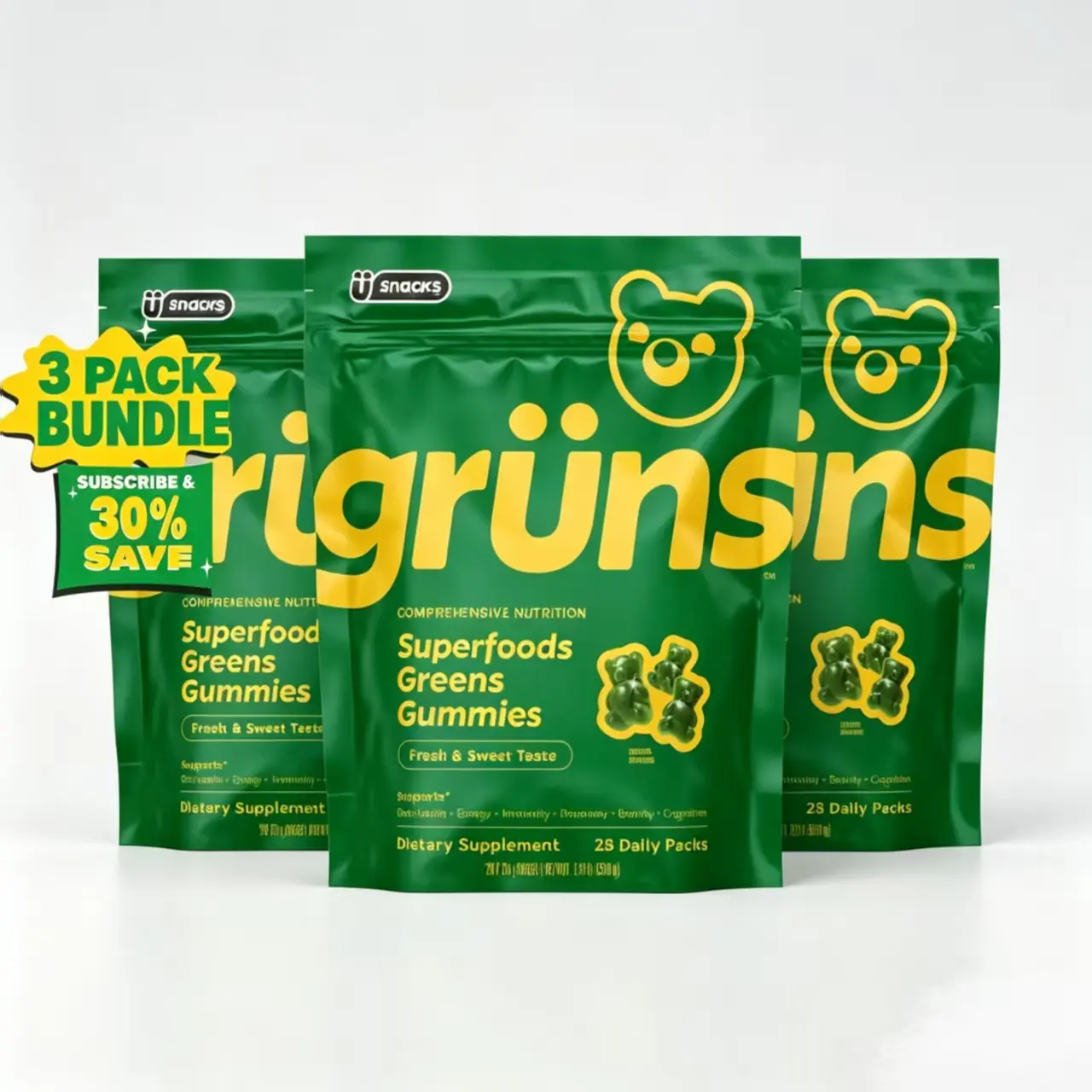 Grüns Superfood Greens Gummies: Comprehensive nutrition supplement with 60+ ingredients: Vitamins and Minerals, Prebiotics for Digestive Health, Adaptogens, Chlorophyll, Chlorella, Fruits and Vegetables, Gluten Free, Vegan, Third Party Tested