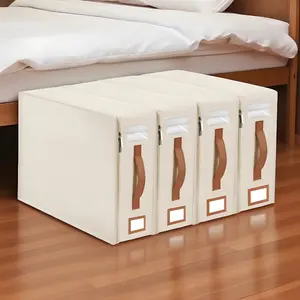 4 Pack Beige Foldable Linen Closet Bed Sheet Organizer with Window for Bedsheets Blankets and Towels Storage Box Set Lightweight Oxford Cloth Metal Zippers Sturdy Tear-Resistant Design Secure Storage Solution