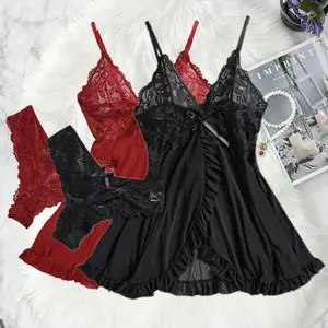 Women'S Lace Sexy Nightgown Panty Set Solid color Polyester Nightwear