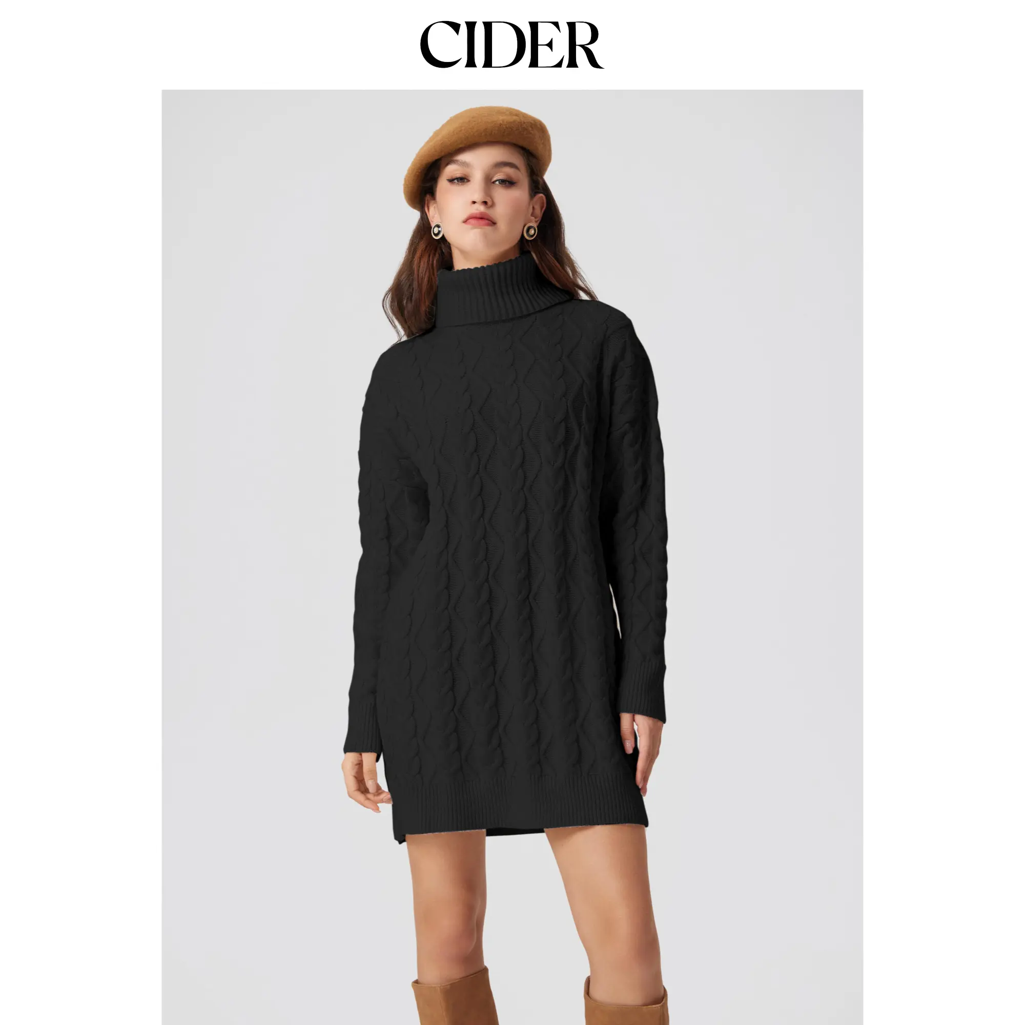 Cider Women's Turtleneck Rib-Knit Sweater Dress, Long Sleeve Bodycon Midi Dress for Casual Fall and Winter Wear