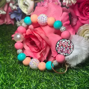 Im a boss wristlet keychain color scheme posh, pink, turquoise, peach and bling beads made with wire gift trend