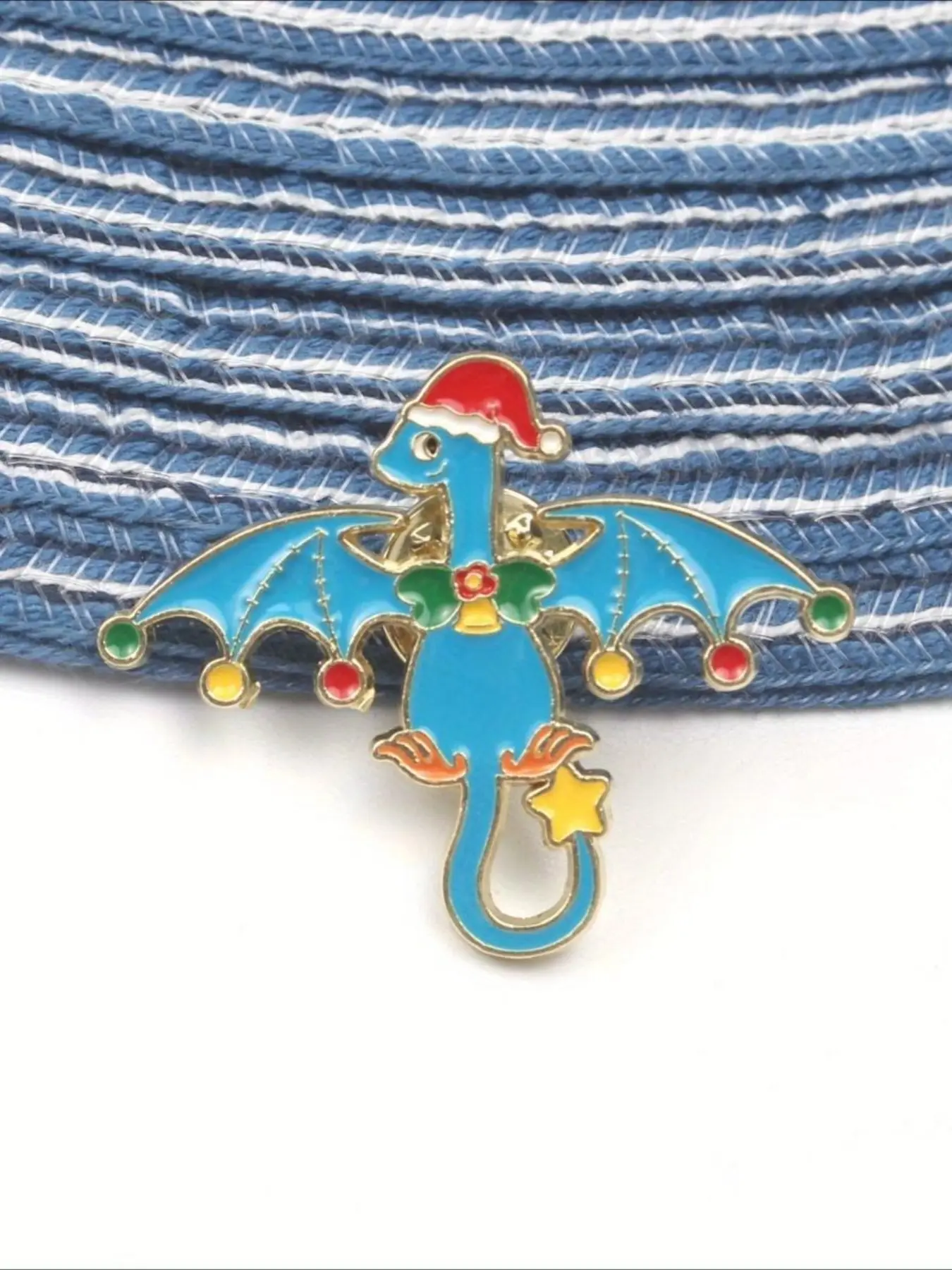 Whimsical "Christmas Blue Dragon with Santa Hat & Ornaments" Enamel Brooch Pin, Cute Festive Holiday Lapel Badge, Xmas Dragon with Bells & Star Jewelry, Unisex Fashion Accessory Gift for Dragon & Christmas Lovers, Casual Daily Backpack Clothes Decor
