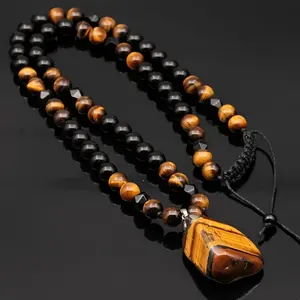 Trendy tiger's eye irregular pendant necklace, black onyx patchwork, retro cool unisex statement jewelry