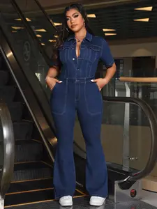 Plus Size Women's American Vintage Denim Jumpsuit Overalls, Waist Cinch Buckle + Flare Leg, Perfect for Pear Shape, Supermodel Proportions, Casual