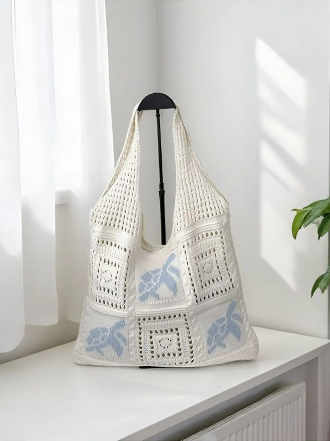 Summer Vacation Hollow Crochet Knit Tote Bag For Women Turtle Pattern Literary Fresh Style Casual Crossbody Shoulder Bag Versatile Daily Dating Shopping Beach Travel Bag