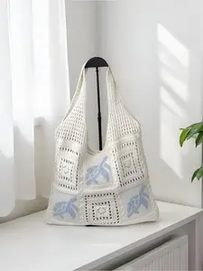 Summer Vacation Hollow Crochet Knit Tote Bag For Women Turtle Pattern Literary Fresh Style Casual Crossbody Shoulder Bag Versatile Daily Dating Shopping Beach Travel Bag