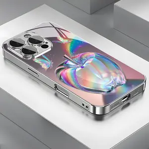 Northern Lights Colorful Butterfly Apple Beautiful Gorgeous Pattern Electroplated Glass Phone Case for iPhone 17ProMax/16ProMax/15Pro/14Plus/13/12/11 & Samsung S23-25 Series, with Lens Protection, Fashion Design, High-end Protective Cover