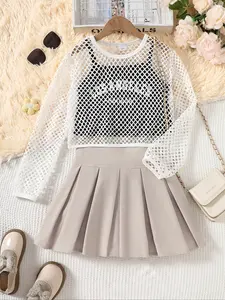 Girls' Fashion Casual Sports Set, Mesh Outerwear & Printed Tank Top & Skirt Three-Piece, Suitable for Ages 8-12, Sporty Leisure Wear, Cute Clothing Set