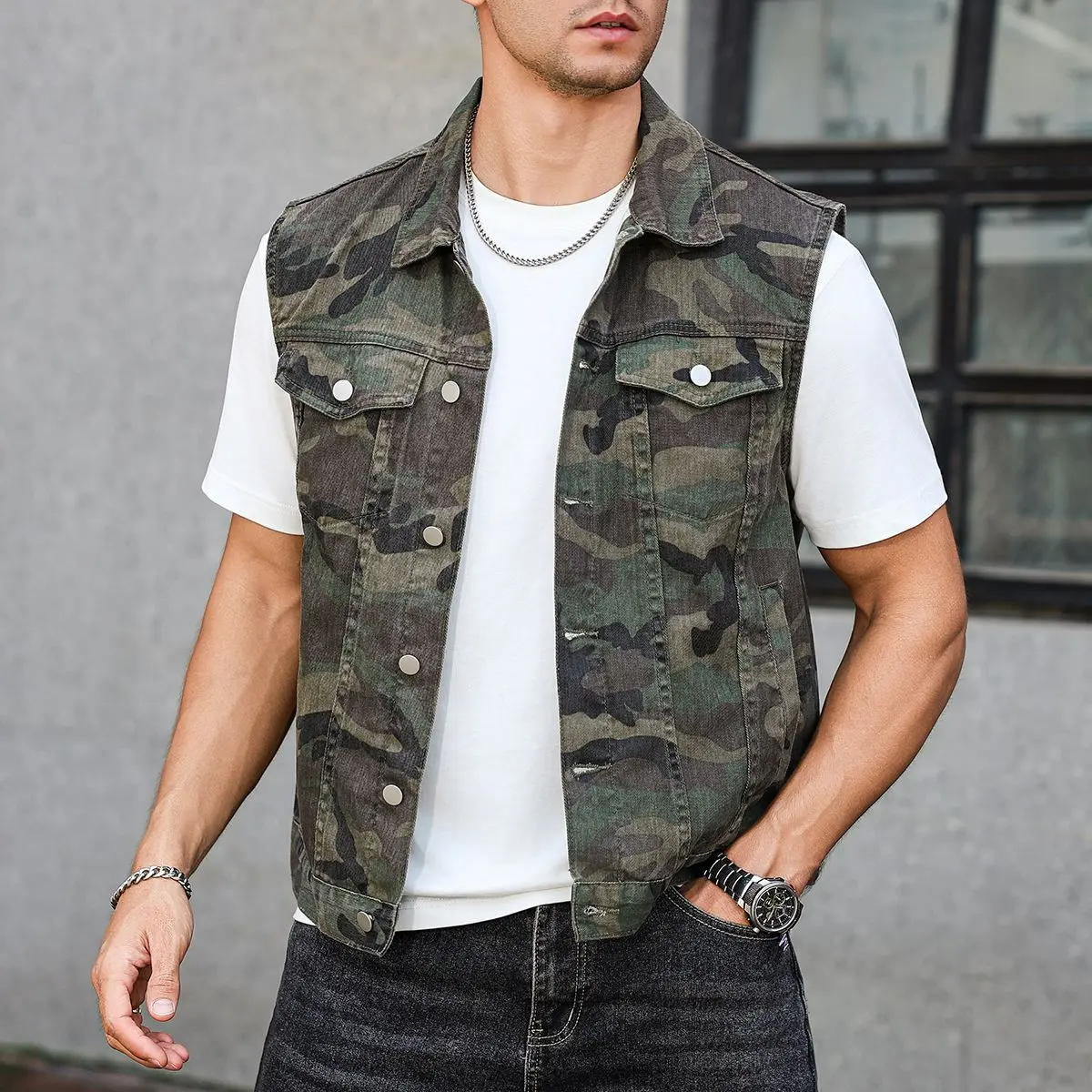 Men's Regular‑Fit 100% Cotton Camo Denim Vest, Sleeveless Military Utility Tactical Streetwear Waistcoat