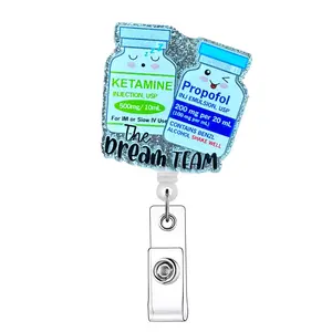 Medicine Bottle Pattern Retractable Badge Holder, Badge Reels Retractable, 1 Count Acrylic ID Holder with Clip, Identification Badge Supplies for Nurse Doctor Student Office Staff