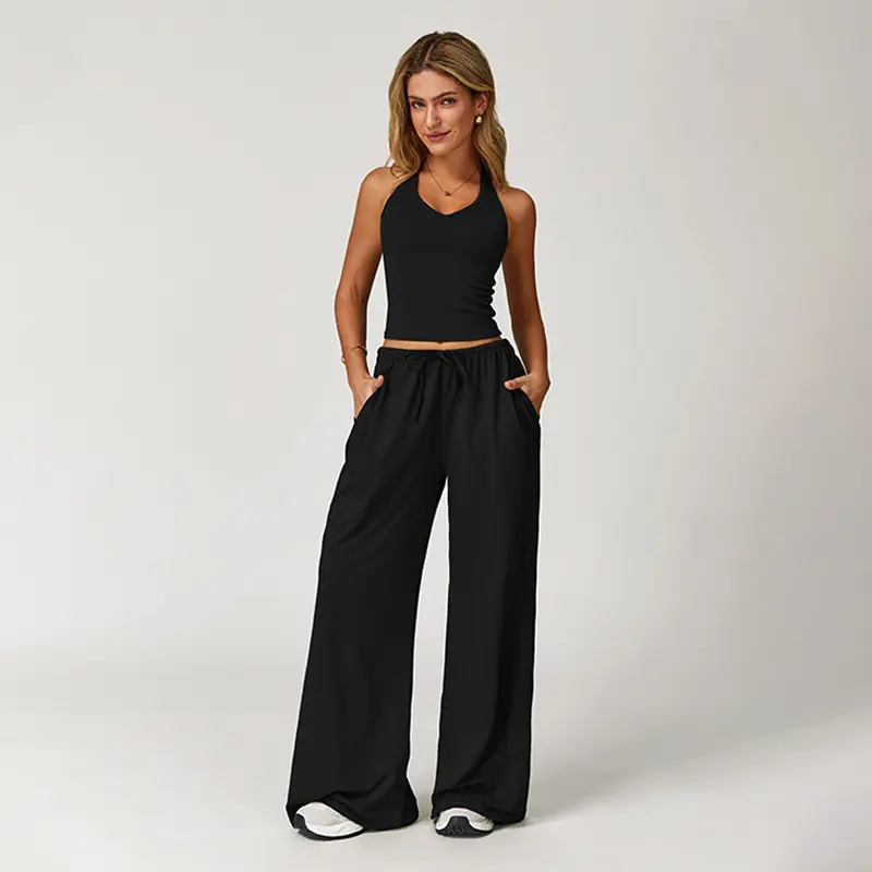 NVWA Women's 2-Piece Athleisure Outfits - Polyester-Silk Fitted Summervibe Sweatsuit, Adjustable V-Neck Strappy Top & Wide Leg Pants, Cooling Quick-Drying Breathable Figure-Flattering Women's Clothes, Workout Sets for Gym & Travel,summerwins