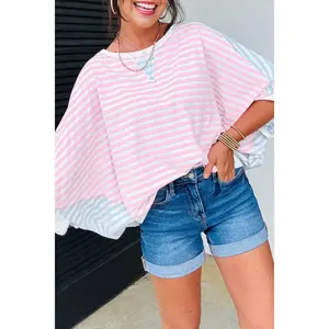 Casual Stripe Oversize Dolman Sleeve Patchwork T Shirt