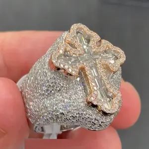 Two Tone Color Cross Finger Ring Iced Out Bling 5A Cubic Zircon Prong Setting Fashion Luxulry Men Hip Hop Finger Jewelry