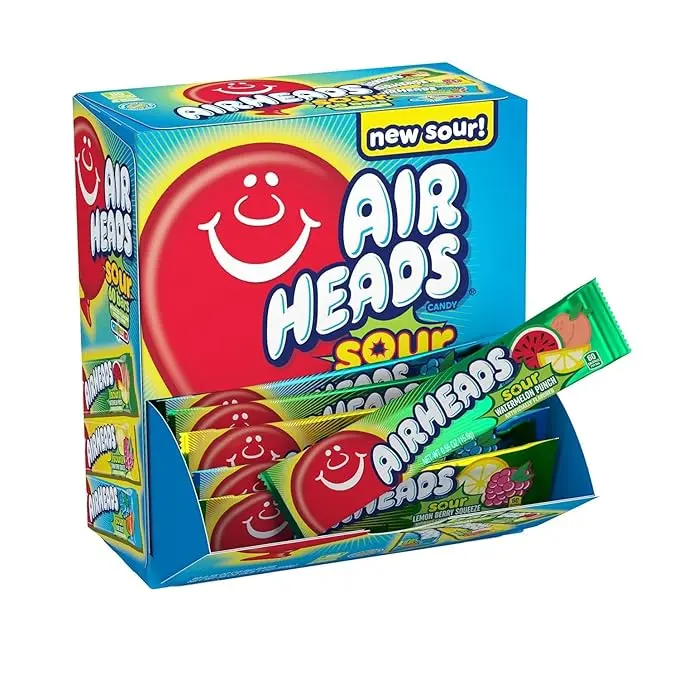 Airheads SOUR Bars, Variety Bulk Box, Sour Watermelon Punch, Blue Blast, and Lemon Berry Squeeze flavored candy, 60 Individually Wrapped Full Size Bars Sour Peach Gummies Chewy