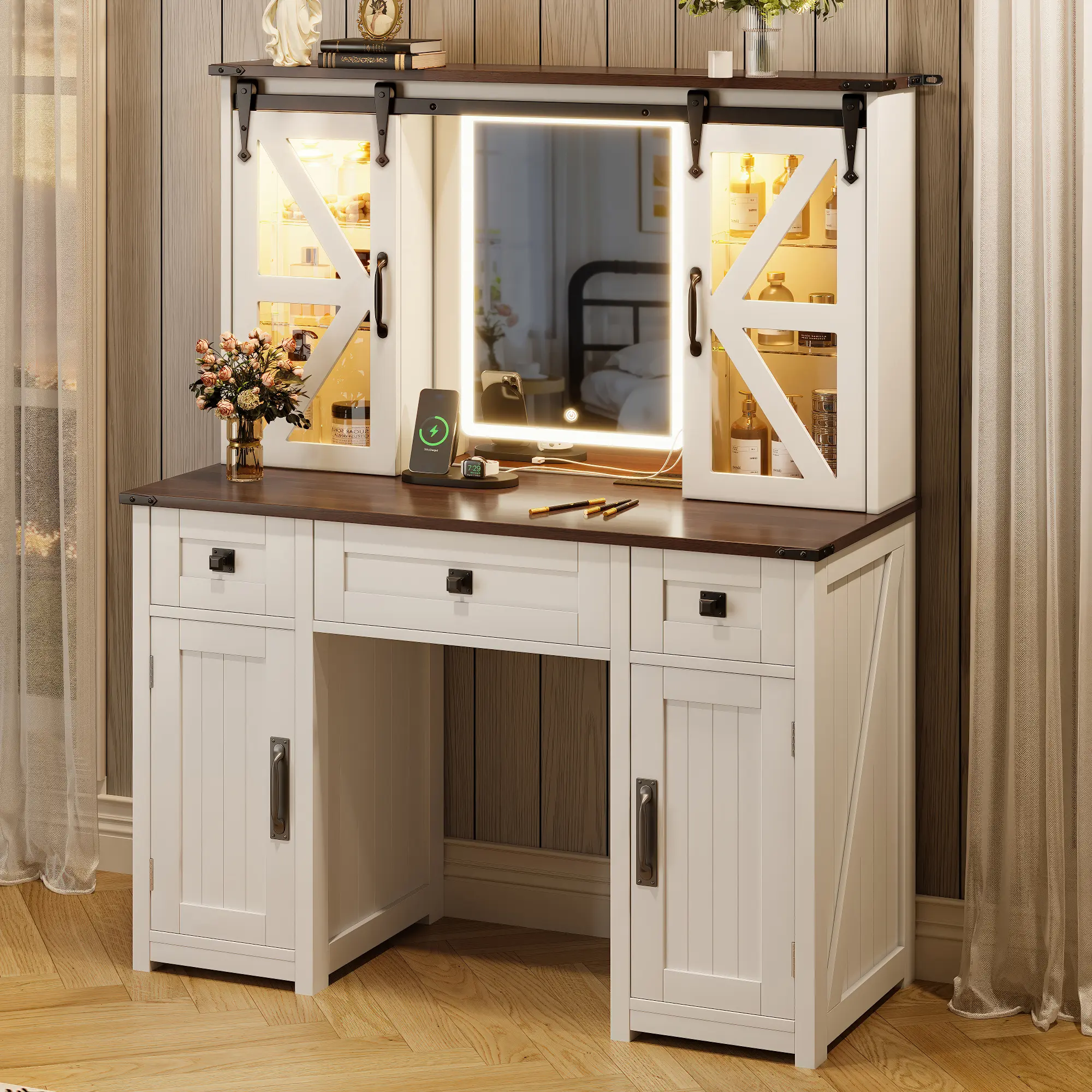 43.3" Farmhouse Makeup Vanity Desk with Lighted Mirror, Vanity Table with Charging Station, Dressing Table with Sliding Barn Door Hidden Shelves & 3 Drawers & 4 Cabinets, Beige