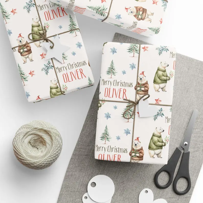 Woodland Polar Bear Christmas Wrapping Paper, Custom Name Dark Forest Gift Wrap, Personalized Holiday Gift Wrap Roll, Xmas Present Wrapping