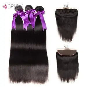 Brazilian Straight 3 Bundles With 13x4 Lace Frontal Real Human Hair Closure With Bundles Weave Virgin Hair Natural Black Color