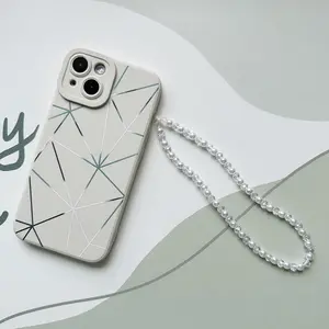 Fashionable Geometric Pattern Phone Chain, Faux Pearl Decor Phone Lanyard, Phone Strap for Women & Girls, Phone Charm, Phone Wrist Strap, Phone Sling