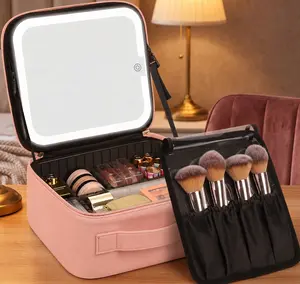 Travel Makeup Bag with LED Lighted Mirror - USB Rechargeable, Adjustable Dividers, Premium PU Leather Cosmetic Organizer
