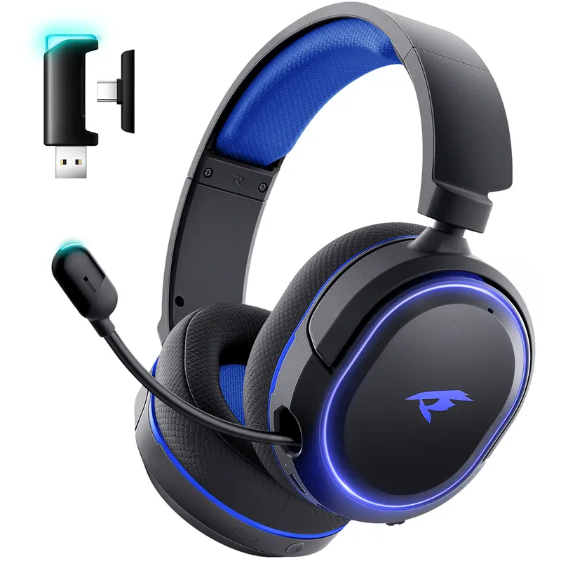 Picun G2 Over Ear Wireless Headset with Mic - 2.4GHz/Wired/Bluetooth 5.4, 5ms Low-Latency, 7.1 Virtual Immersive Sound, ENC Noise-Canceling Retractable Mic, RGB Lighting, 2h Use, PS5 Accessories, for Gamers (Gamer Aesthetic), Laptops, Desktops, PS4