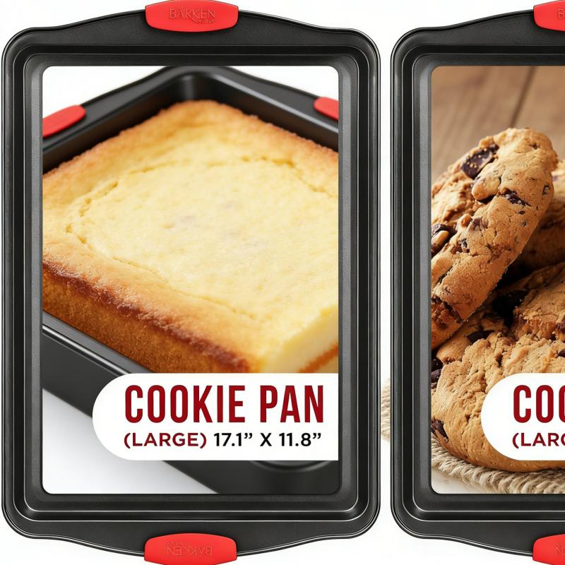 2 Piece Set Non-Stick Carbon Steel Oven Bakeware – Premium Kitchen Cooking Baking Trays – PFOA, PFOS, PTFE-Free Medium & Large Baking Sheet Pans with Soft Red Silicone Handles