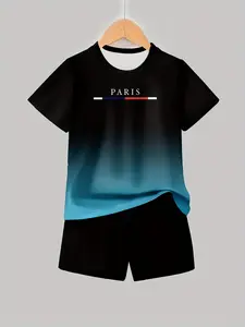 Boys Fashion Siu~ 3D Print Casual Sporty Style Short Sleeve Tee Set, Outdoor Gym Shorts Set with Fun Patterns, Spring & Fall Wear