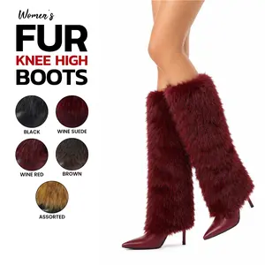 VIMISAOI Womens Fur Boots Knee High Furry Fuzzy Pointed Toe Stiletto High Heel Side Zipper Fold Over Wide Calf Comfortable Fashion Party Dress Evening Date Casual Prom Elegant Tall Modern Trendy Boots
