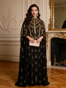 Muslim Women's Modesty Abaya Dress, Elegant Embroidered Chiffon Batwing Sleeve, Loose Fit Spring Fall Evening Gown, Arabic Jellabiya