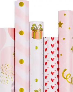 Premium Pink Girly Gift Wrapping Paper Set of 5 Mini Rolls (17" x 120") - Cute & Girly Wrap for Women, Girls, and Wife, Perfect for Princess Party and Happy Birthday